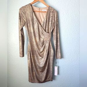 Calvin Klein metallic gold faux wrap long sleeve dress new with tags